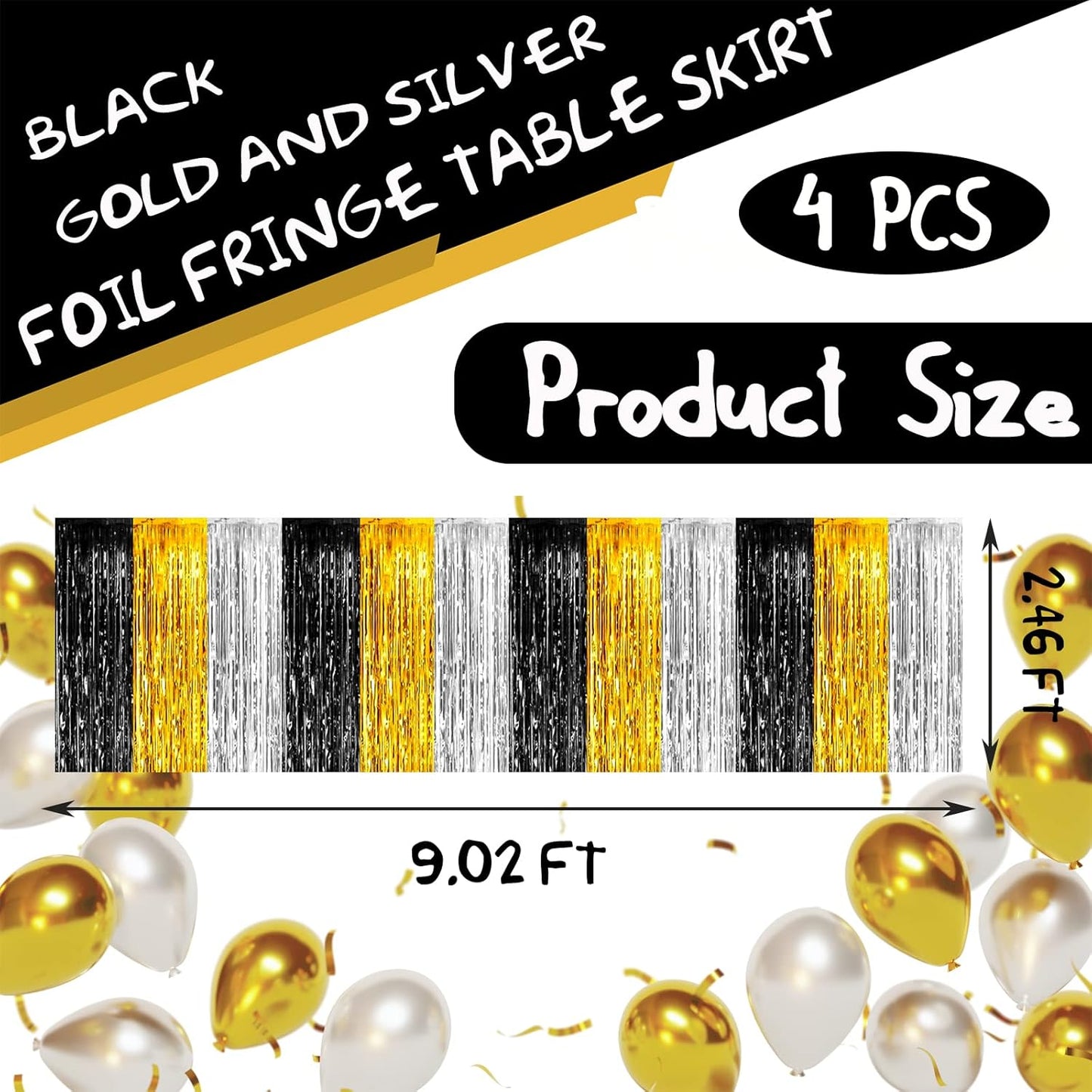 4 Pack 29x108 Inch Metallic Foil Fringe Tinsel Table Skirts for Rectangle Tables Streamer Backdrop for Wedding Birthday, Parade Floats, Christmas, Halloween Party Decoration(Gold Silver Black)