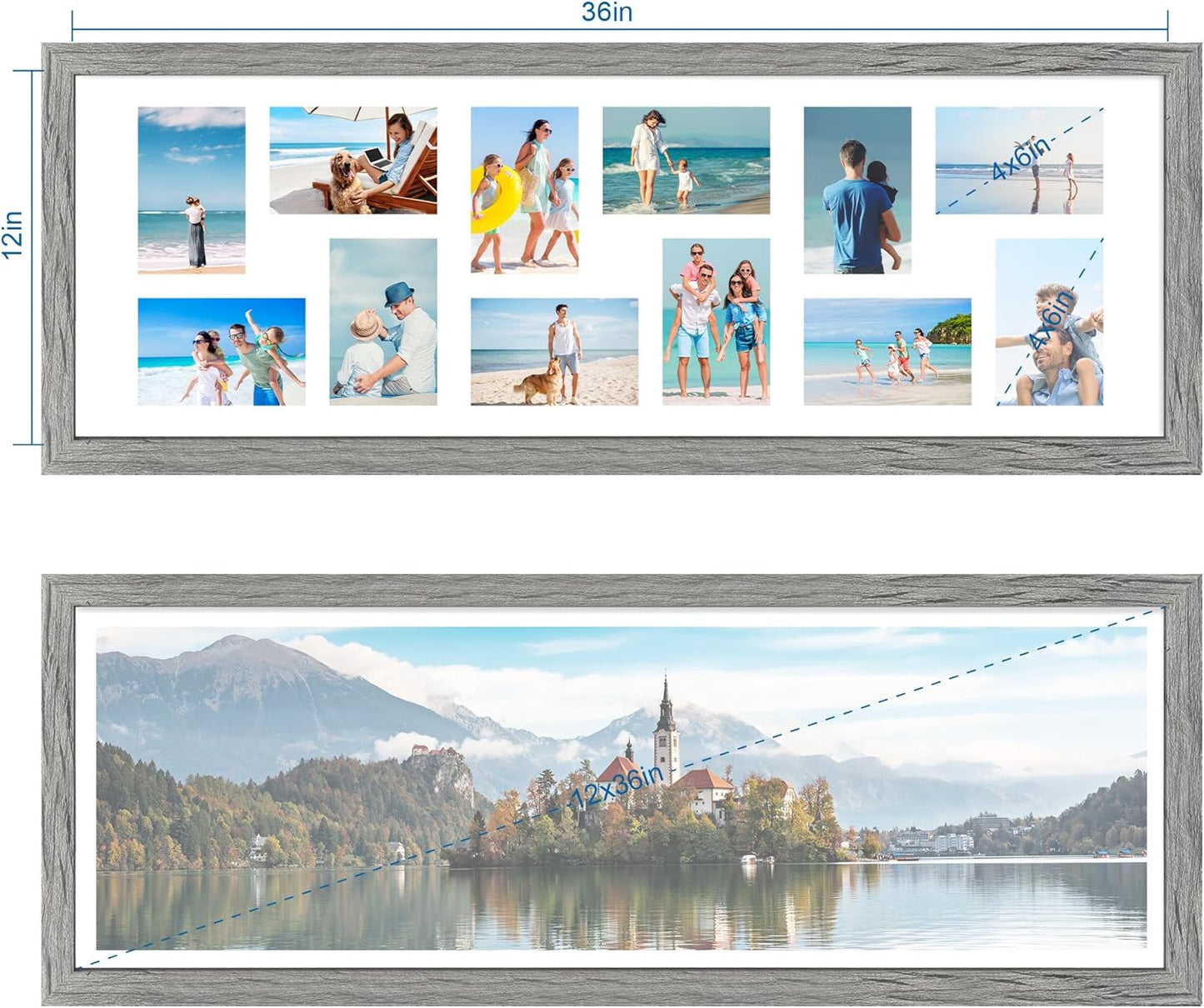 12x36 Picture Frame 2 Packs, Real Glass and Grey Wood Frame, Display Collage Pictures Twelve 4x6 With Mat or Pennant 12 x 36 Without Mat - Horizontal or Vertical Wall Mounting