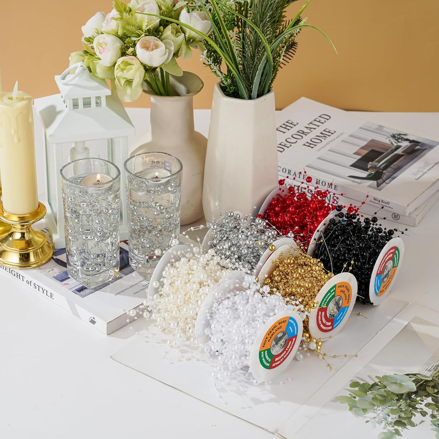 13Feet Pearl String Spool Roll for Floating Candles Faux Pearls Strands Garland for Vase Filler Wedding Centerpiece Christmas Table Decor (White)