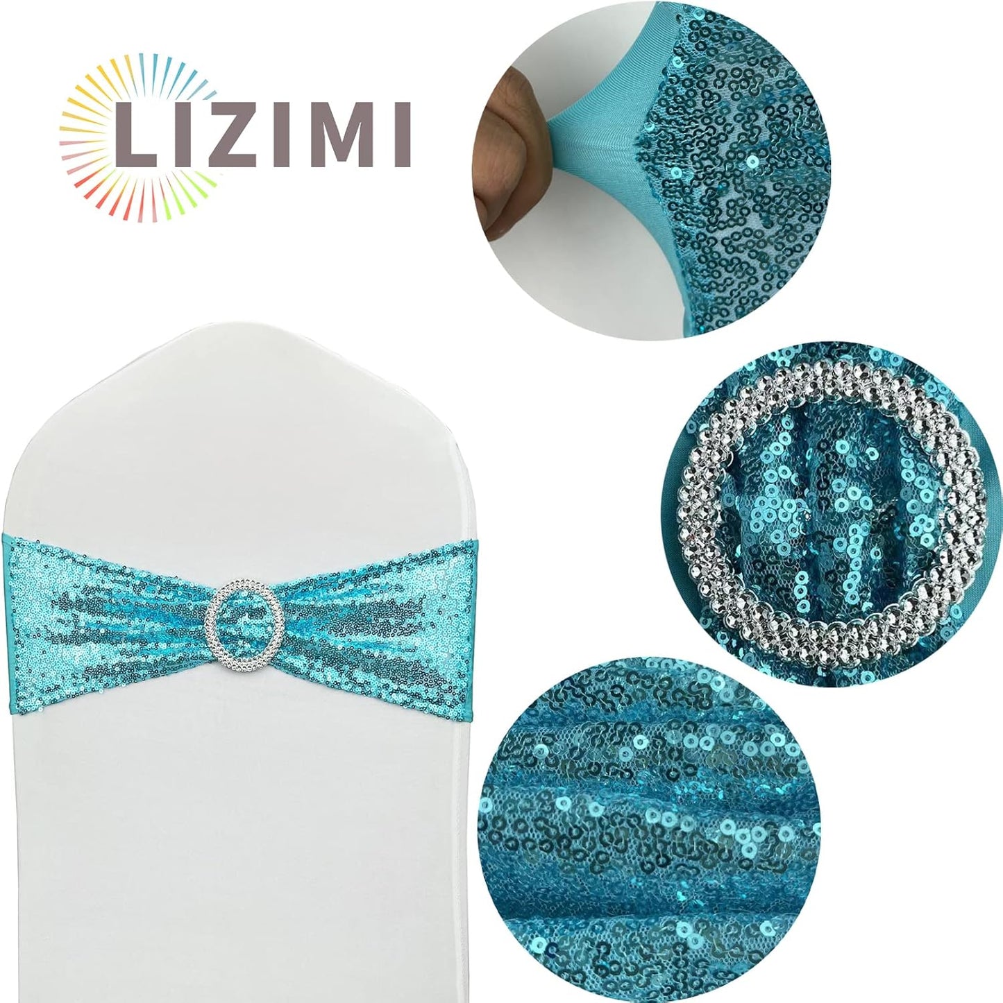 100 Pcs Chair Sashes Sequin Stretch Chair Bands Spandex Polyester Bows for Party Hotel Wedding Banquets Decoration - Aqua