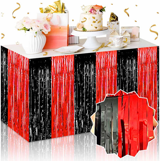3 Pack Black and Red Foil Fringe Table Skirts Metallic Tinsel Streamers Garland Banner Backdrop for Table Decor, Parade Float, Birthday, Wedding, Halloween, Christmas Party Decorations(29x108 In)