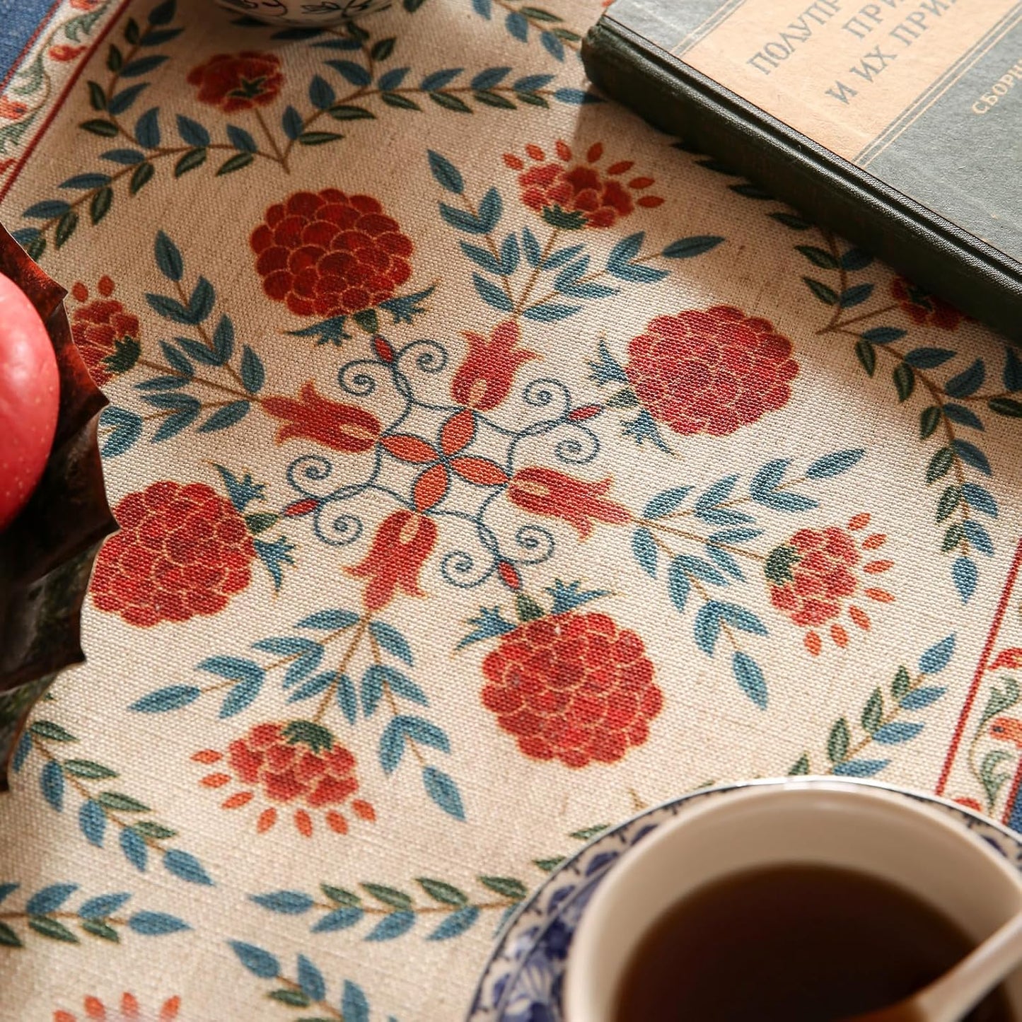 patdrea Designer Vintage Bright Farmhouse Extra Long Linen Table Runner 118 Inch Long, Maroon Floral Pattern Table Mat, Decor for Kitchen Dining Coffee Table Cabinet Banquet Christmas ,16"*118"