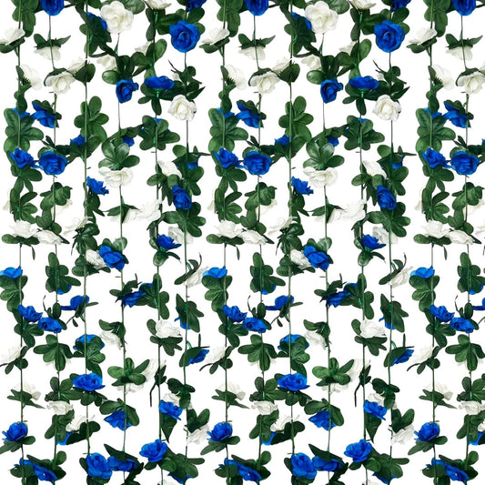 16Pcs 126Ft Royal Blue&White Rose Garland, Fake Rose Hanging Flowers, Artificial Flower Vine, Hanging Floral Vine Garland for Wedding, Wall Arch, Halloween, Christmas Garden Backdrop Decor
