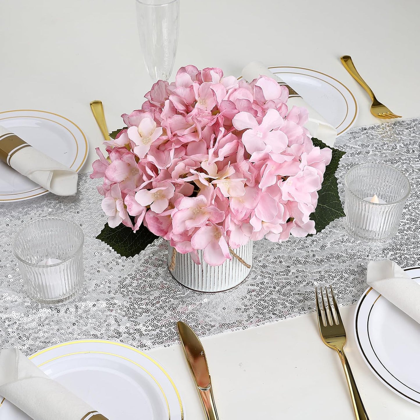 Flower Table Centerpieces - Set of 6 Floral Arrangement Artificial Wedding Hydrangeas Floral Arrangement with Rustic Metal Vase for Bridal Tea Party Event Decorations - Pink