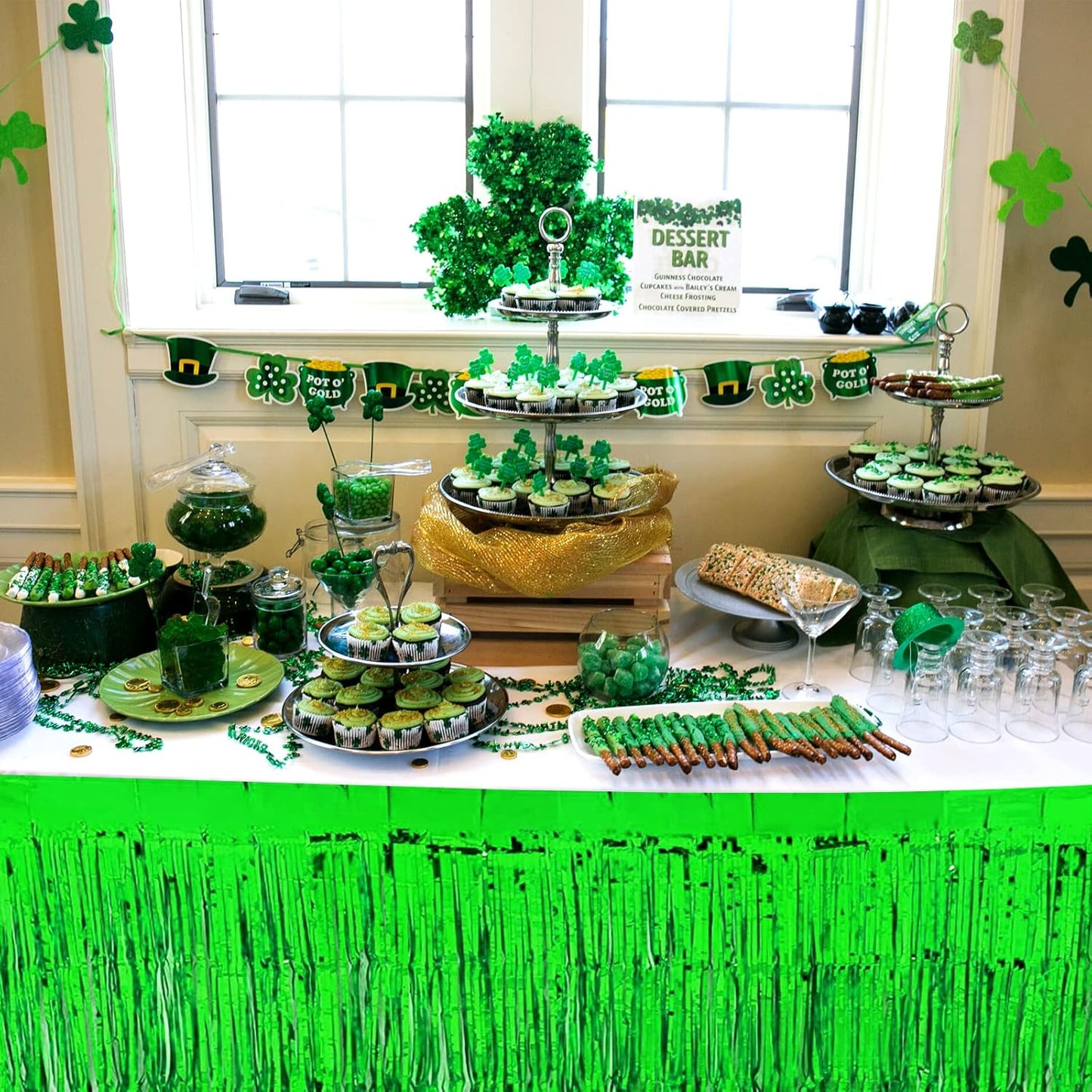 4 Pack 29x108 Inch Metallic Foil Fringe Tinsel Table Skirts for Rectangle Tables Streamer Curtains Backdrop for Wedding, Birthday, Parade Floats, Christmas, Halloween Party Decoration(Green)