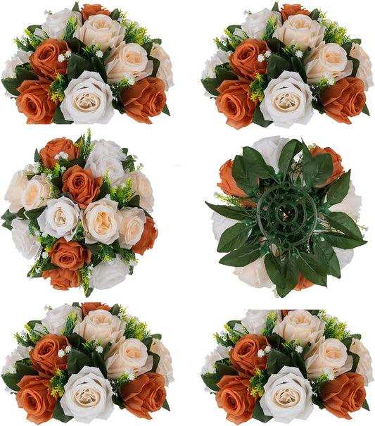 BLOSMON Terracotta Flowers for Wedding Centerpieces: 6 Pcs Fake Rose Kissing Balls Fall Table Decor - Artificial Silk Bouquet with Base Floral Arrangements Home Party Room DIY Decorations