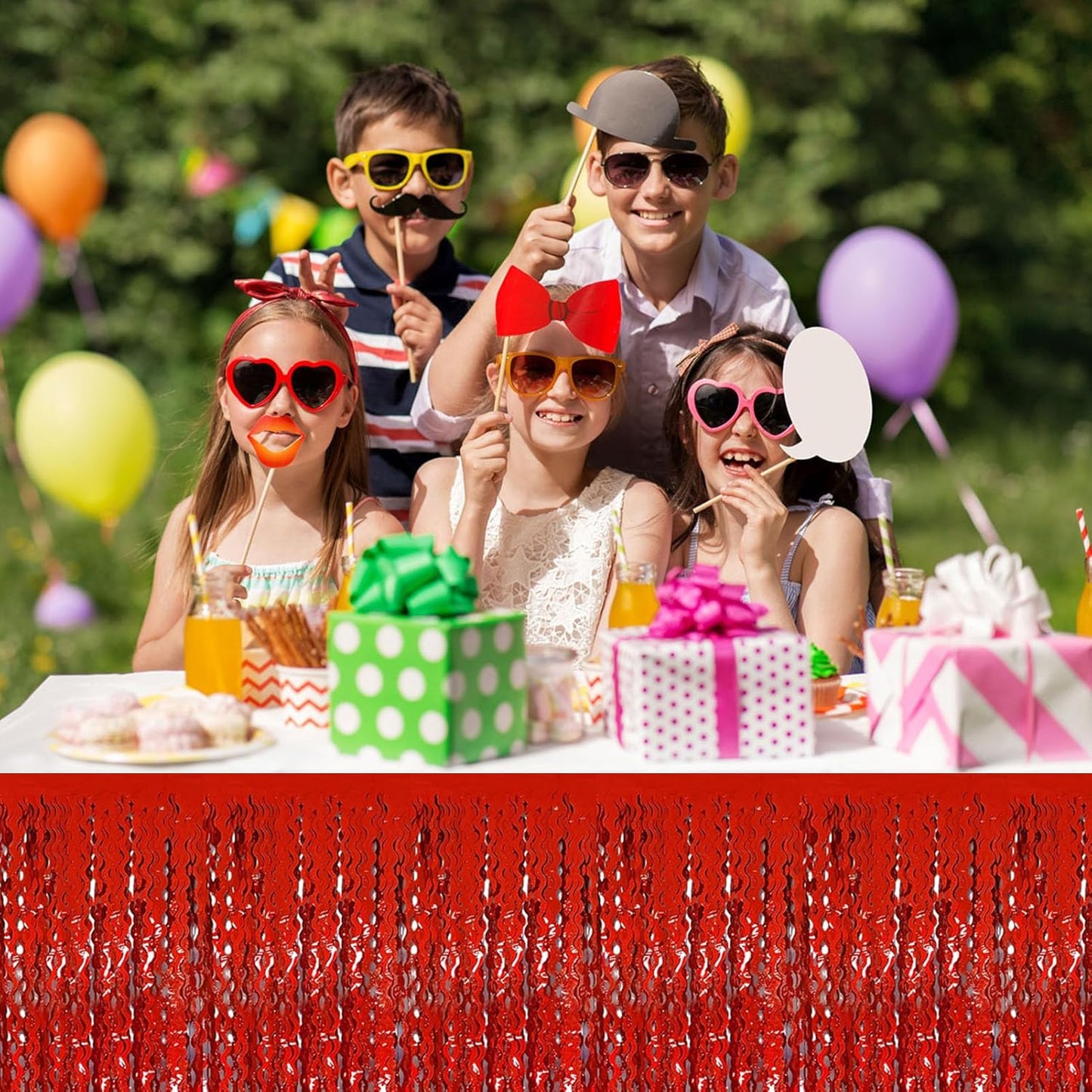 6Pack 29 x108 Inch Red Wave Foil Fringe Table Skirts Metallic Banner for Tinsel Streamer Garland Backdrop for Parade Floats, Mother's Day, Easter, Graduate, Birthday, Wedding Party Decoration