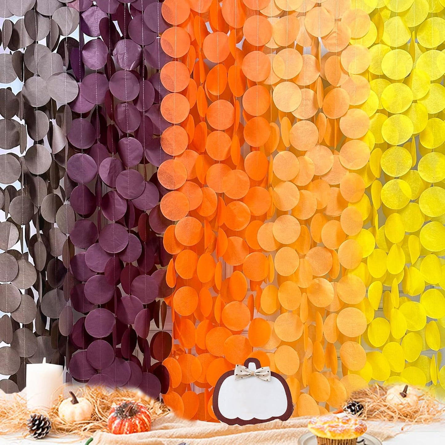 192Ft Fall Party Decorations Big Circle Dots Backdrop Garland Yellow Orange Burgundy Brown Tissue Paper Polka Dot Hanging Streamers for Birthday Wedding Fall Autumn Thanksgiving Harvest Party Supplies