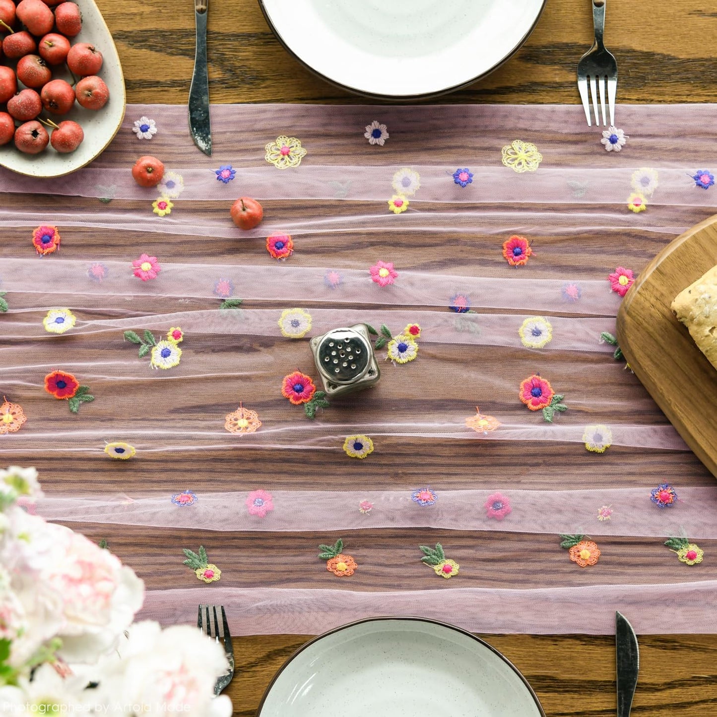 Artoid Mode Pink Embroidery Daisy Gauze Table Runner 120 Inch 10FT, Seasonal Sheer Kitchen Dining Holiday Wedding Birthday Table Decor for Home Party