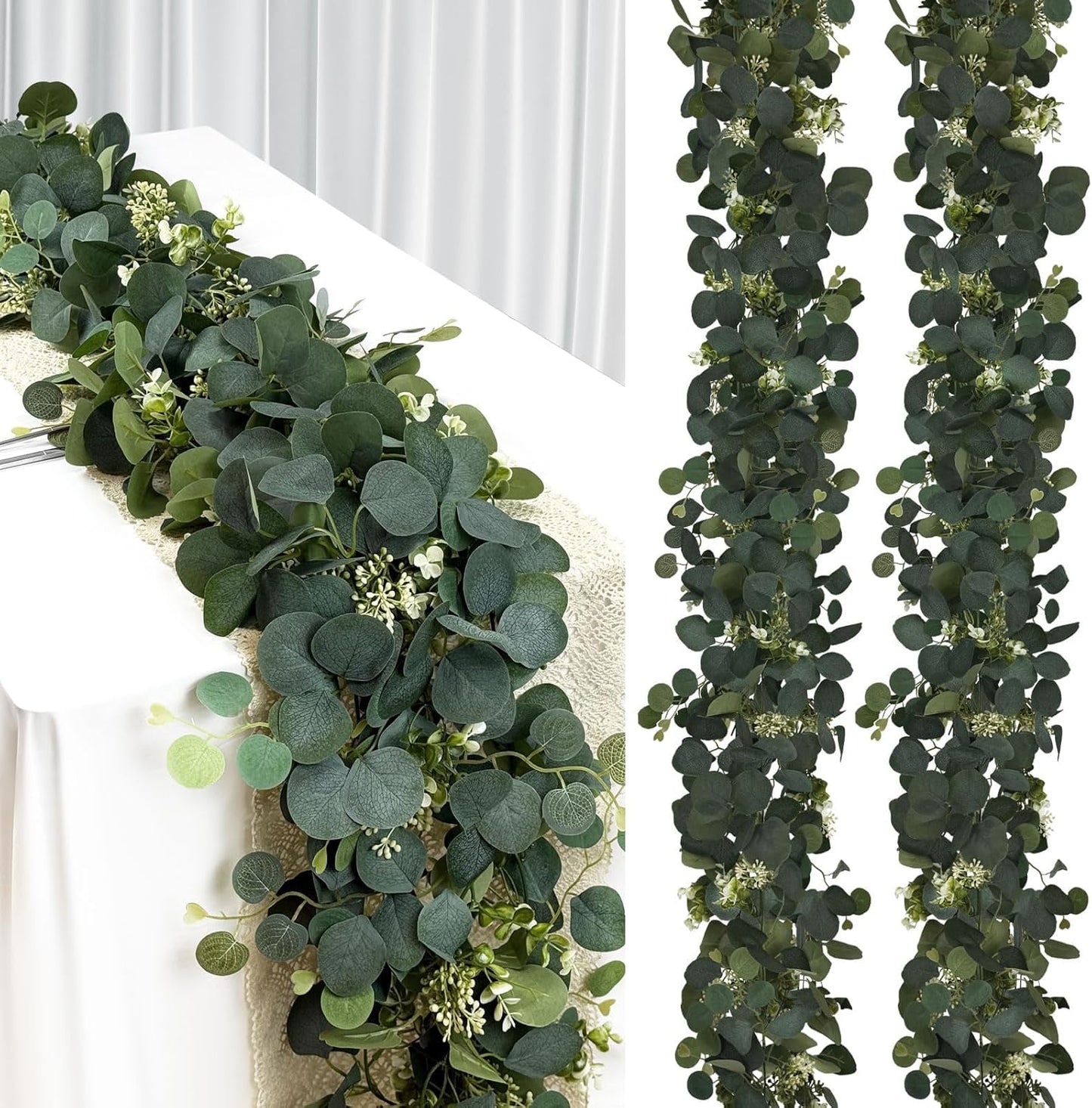 Eucalyptus Garland with Lights, 2Pcs 6FT Green Flower Garland Decor, Artificial Faux Eucalyptus Leaves Greenery Vines for Table Runner Wedding Bedroom Mantle Arches Backdrops Decorations