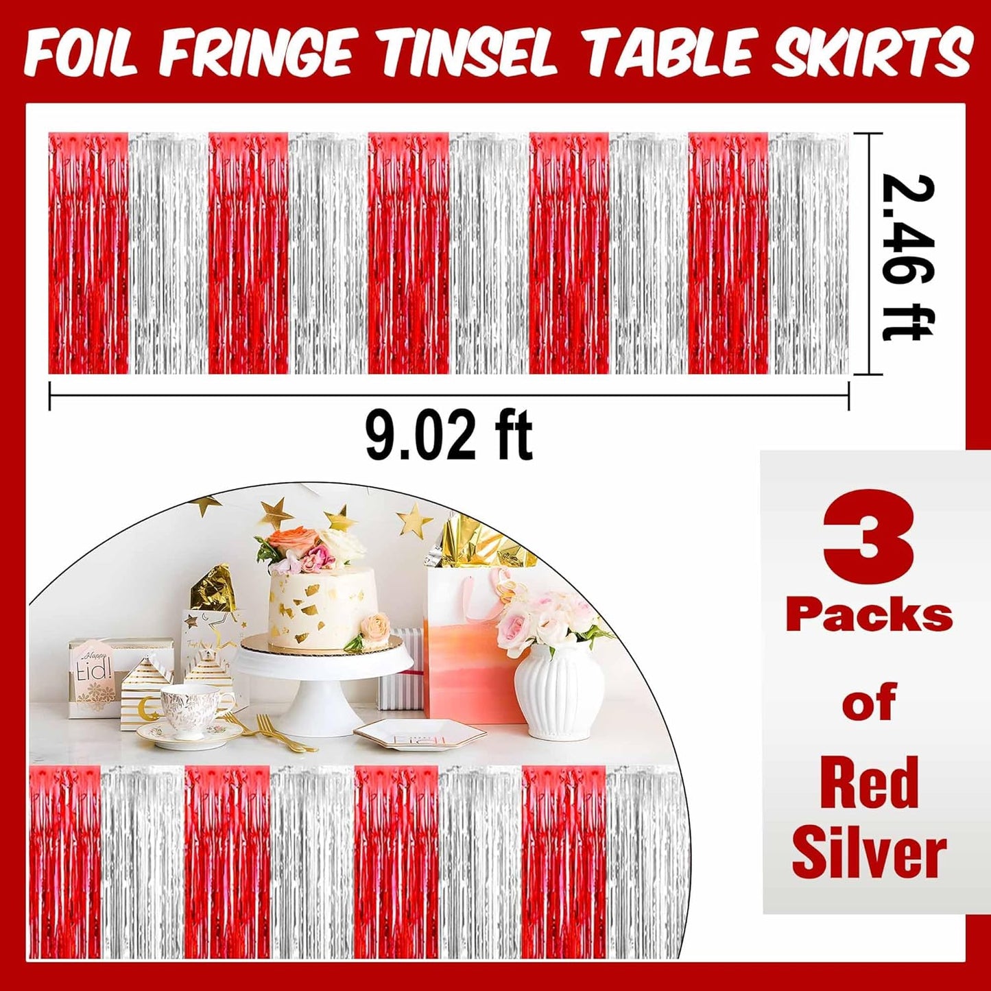 3 Pack Red and Silver Foil Fringe Table Skirts Metallic Tinsel Streamers Garland Banner Backdrop for Table Decor, Parade Float, Birthday, Wedding, Halloween, Christmas Party Decorations(29x108 In)