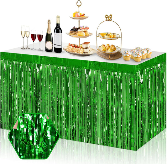 3 Pack 29x108 Inch Green Foil Fringe Table Skirts Metallic Banner for Tinsel Streamer Garland Backdrop for Parade Floats Wedding Thanksgiving Birthday Christmas Halloween Party Decoration