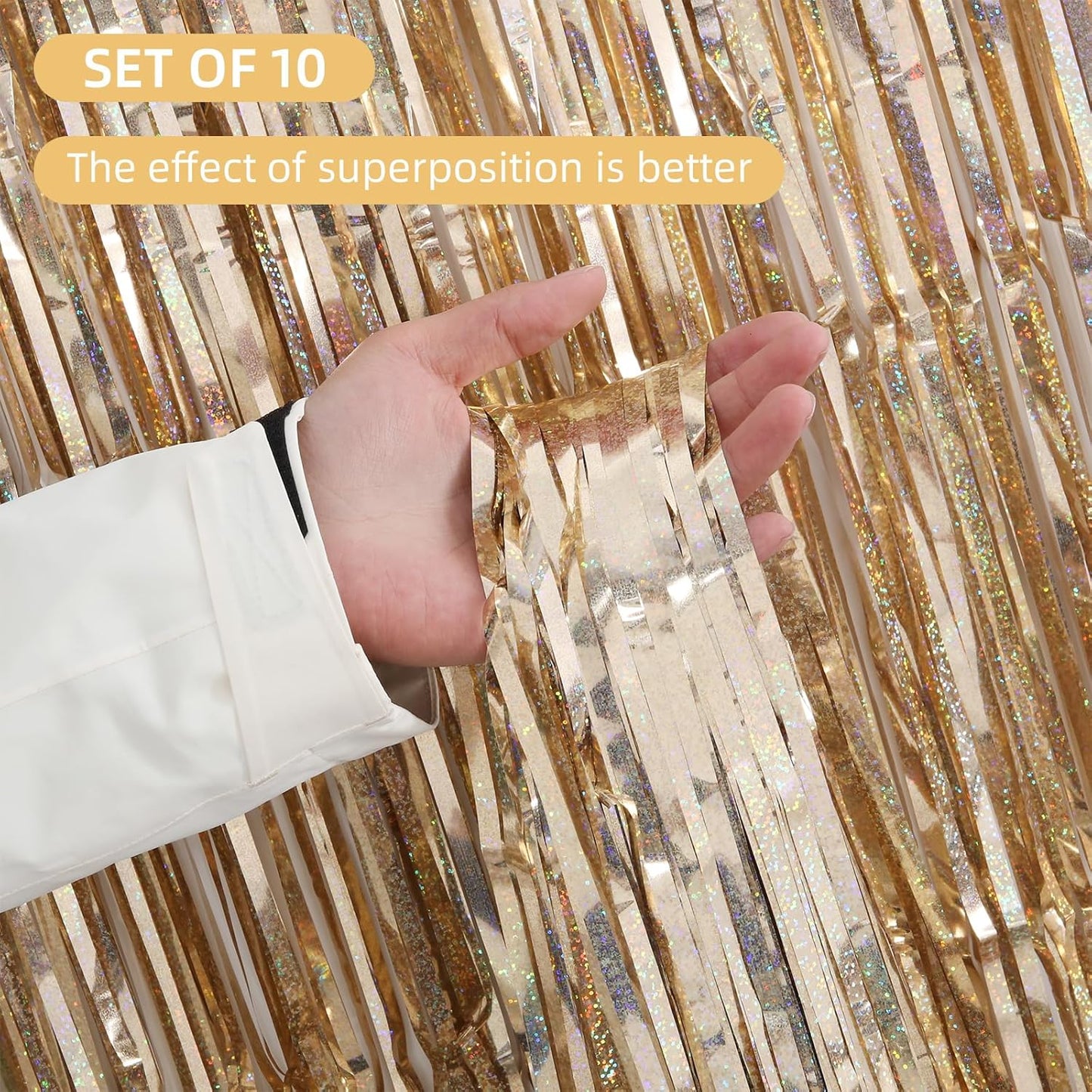 10 Pack Champagne Gold Backdrop Curtain 3.2ft x 8.2ft Metallic Tinsel Foil Fringe Curtains Photo Booth Background for Birthday Party Decoration Engagement Wedding Christmas Decor (Champagne Gold)