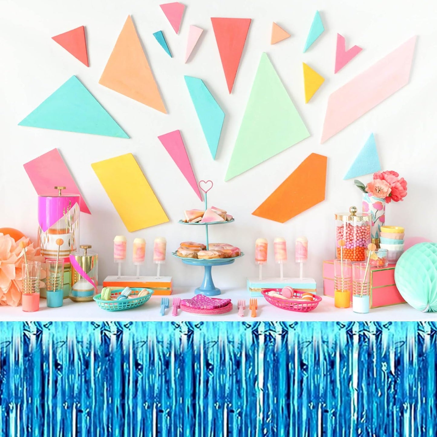 3 Pack Lake Blue Foil Fringe Table Skirts Metallic Tinsel Streamers Garland Banner Backdrop for Table Decor, Parade Float, Birthday, Wedding, Halloween, Christmas Party Decorations(29x108 In)