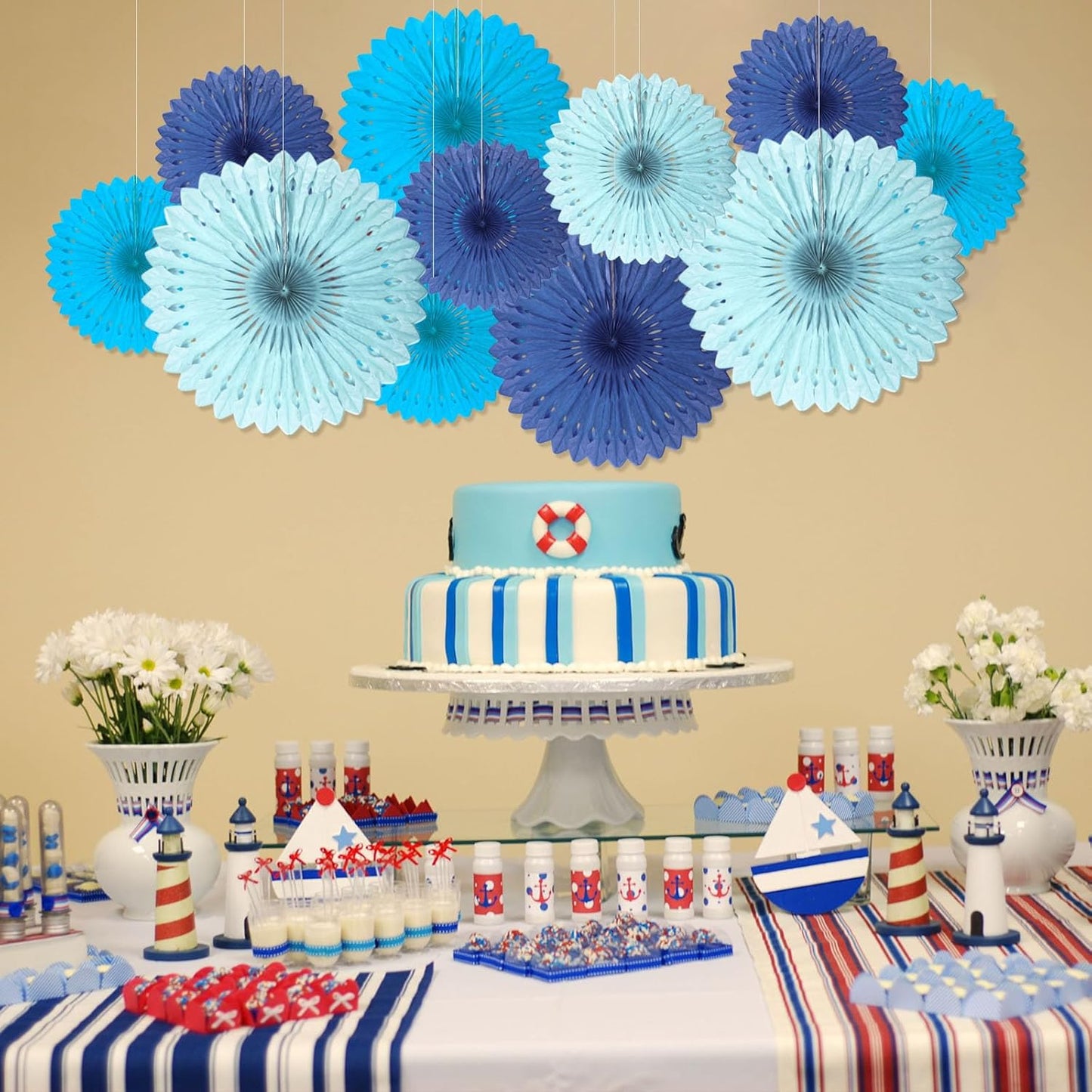 18 Pcs Blue Set Hanging Paper Fan, Hanging Honeycomb Round Paper Fans for Weddings, Birthdays, Baby Showers, Classroom, Events Ceiling Party Supplies Decorations