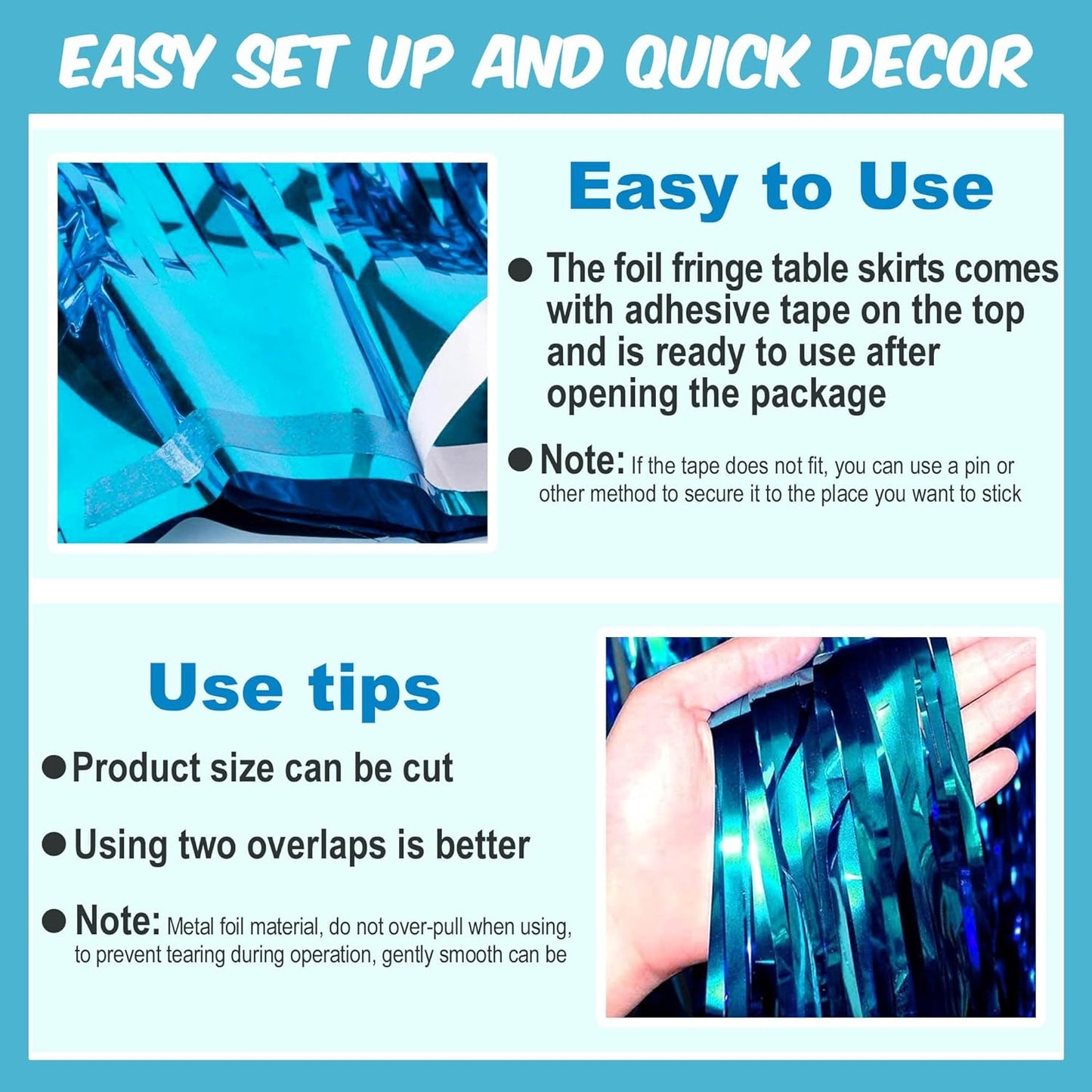 3 Pack 29 x108 Inch Lake Blue Foil Fringe Table Skirts Metallic Banner for Tinsel Streamer Garland Backdrop for Parade Floats Mother's Day, Graduate, Birthday, Wedding Party Decoration