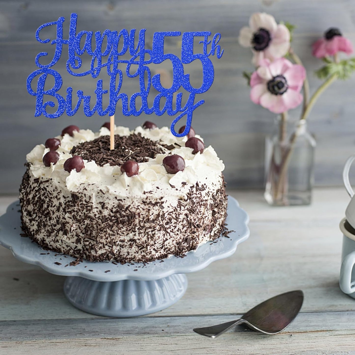 1 PCS Happy 55th Birthday Cake Topper Glitter Cheers to 55 Years Birthday Cake Pick Fifty Five 55 Fabulous Cake Decoration for Happy 55th Birthday Theme Party Decorations Supplies Blue