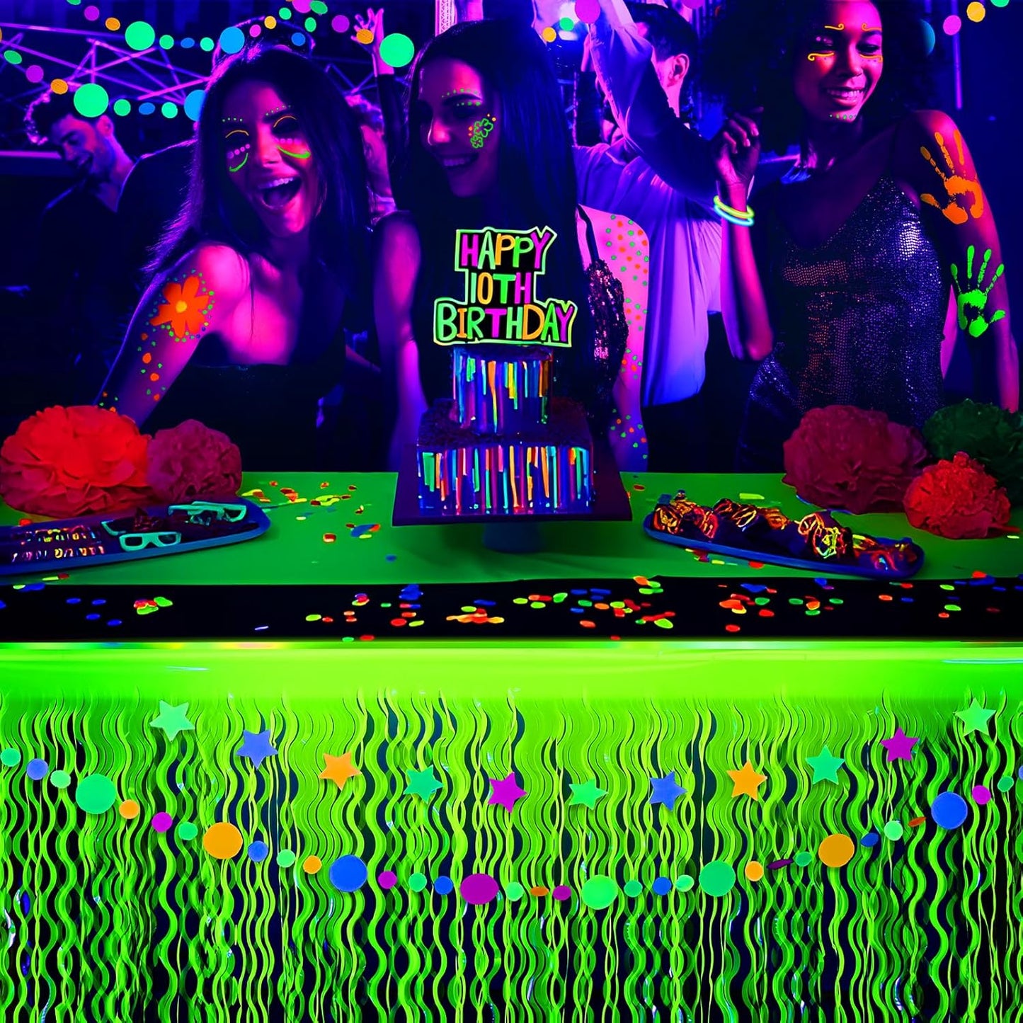 Mega-L Glow in The Dark Party Supplies, 2 Pack Neon Party Decorations Fluorescent Macaron Yellow Wavy Metallic Tinsel Foil Fringe Table Skirts, Perfect Table Decors for Glow Birthday Decor