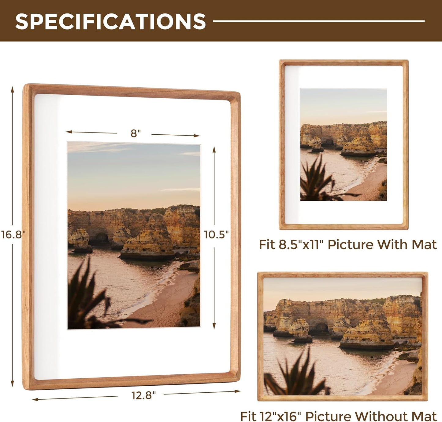 12x16 Picture Frame USA-Sourced Natural Cherry Wood Solid Original Wood Photo Frame Rounded Corner with Mat to 8.5x11 Picture Display with Real Glass Family, Wedding Picture, Photo, Certificate