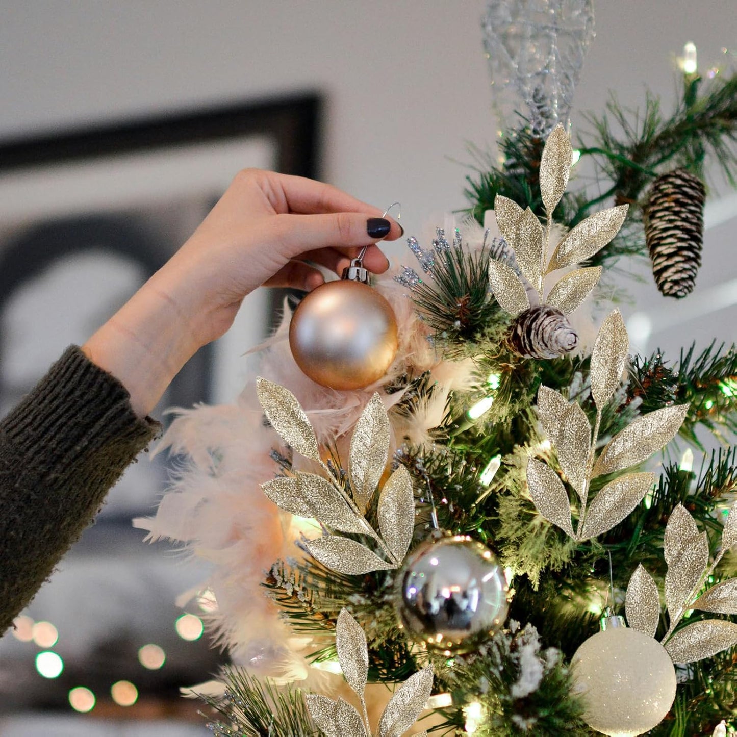 GREENTIME 12 Pack Artificial Light Golden Glitter Leaves 13" Fake Christmas Picks Decorative Glitter Sticks for Vase Christmas Tree DIY Wreath Crafts Fireplace Decor