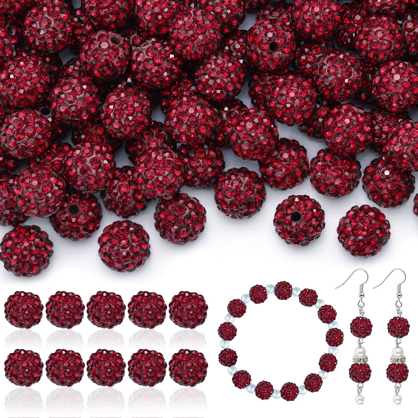 160pcs 10mm Rhinestone Beads for Jewelry Making, Dark Red Shiny Round Disco Ball Beads Bulk, Sparkle Crystal Clay Christmas for Bracelet Baseball Necklace Earring Crafting and DIY