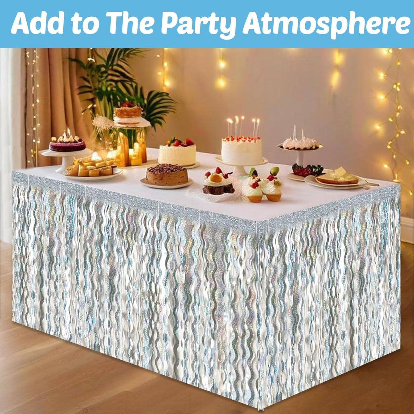 6 Pack 29x108 Inch Silver Wave Foil Fringe Table Skirts Metallic Banner for Tinsel Streamer Garland Backdrop for Parade Floats Mother's, Graduate, Mardi Gras, Birthday, Wedding Party Decorations