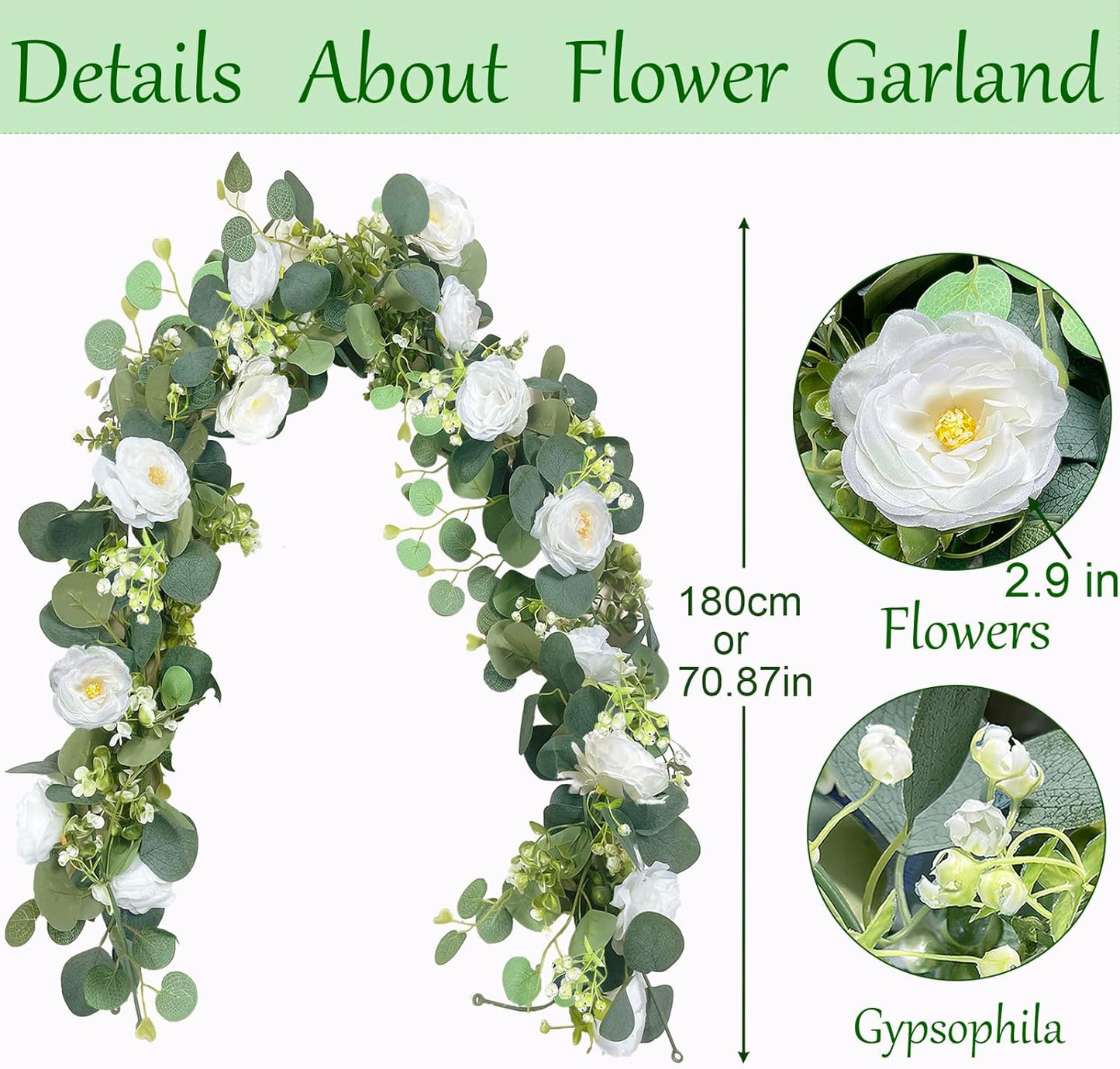 2 Pack 12Ft Artificial Eucalyptus Flower Garland with White Roses, Fake Flowers Greenery Garland Flower Vines for Wedding Party Mantle Table Runner Spring Summer Home Decor (2PCS,White