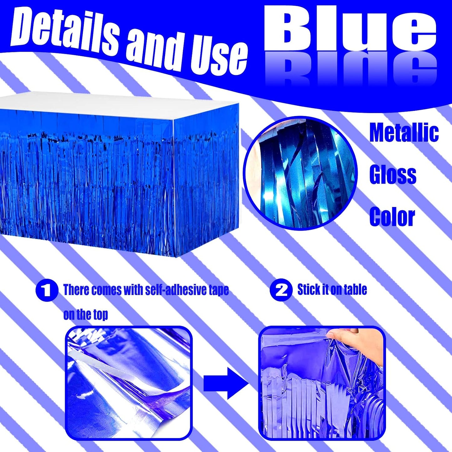 4 Pack 29x108 Inch Metallic Foil Fringe Tinsel Table Skirts for Rectangle Tables Streamer Curtains Backdrop for Wedding, Birthday, Parade Floats, Christmas, Halloween Party Decoration(Blue)