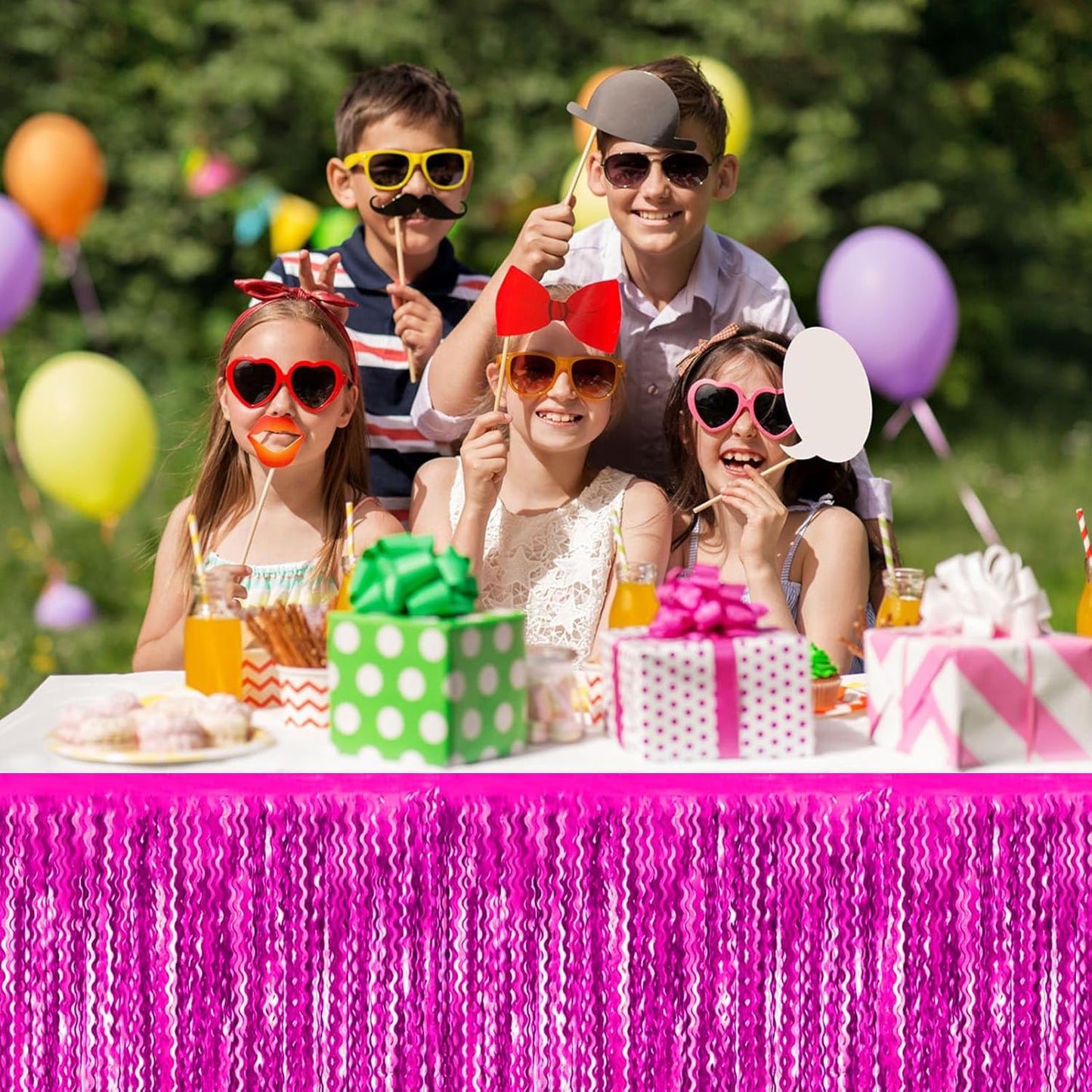 6 Pack 29 x108 Inch Rose Red Wave Foil Fringe Table Skirts Metallic Banner for Tinsel Streamer Garland Backdrop for Parade Floats, Mother's Day, Easter, Wedding, Birthday Party Decoration