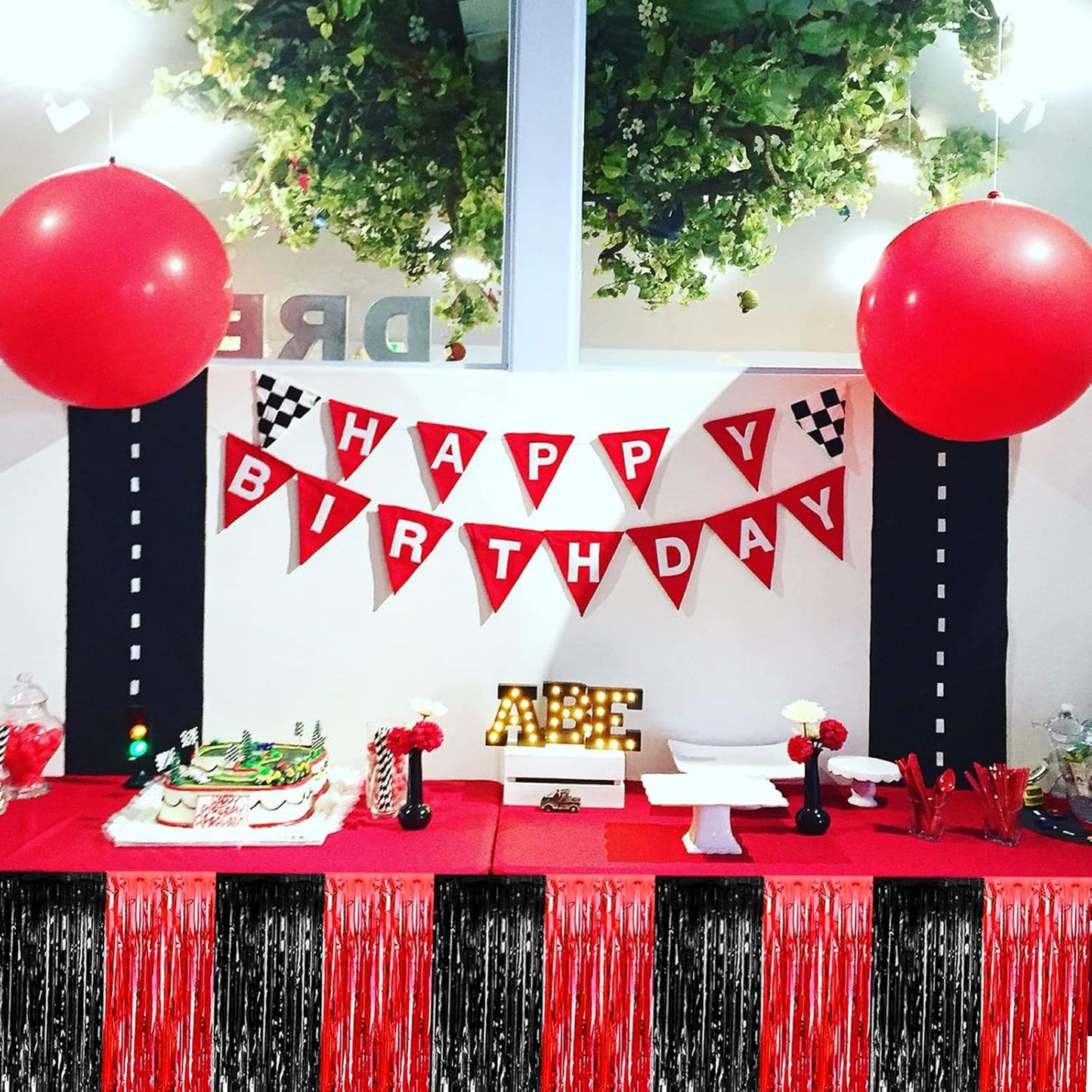 4 Pack 29x108 Inch Metallic Foil Fringe Tinsel Table Skirts for Rectangle Tables Streamer Backdrop for Wedding, Birthday, Parade Floats, Christmas, Halloween Party Decoration(Black Red)