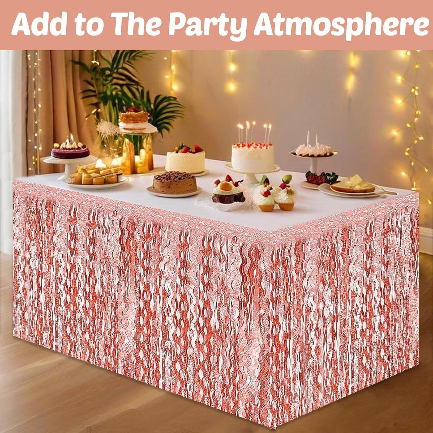 6 Pack 29x108 Inch Rose Gold Wave Foil Fringe Table Skirts Metallic Banner for Tinsel Streamer Garland Backdrop for Parade Floats Mother's, Graduate, Mardi Gras, Birthday, Wedding Party Decorations