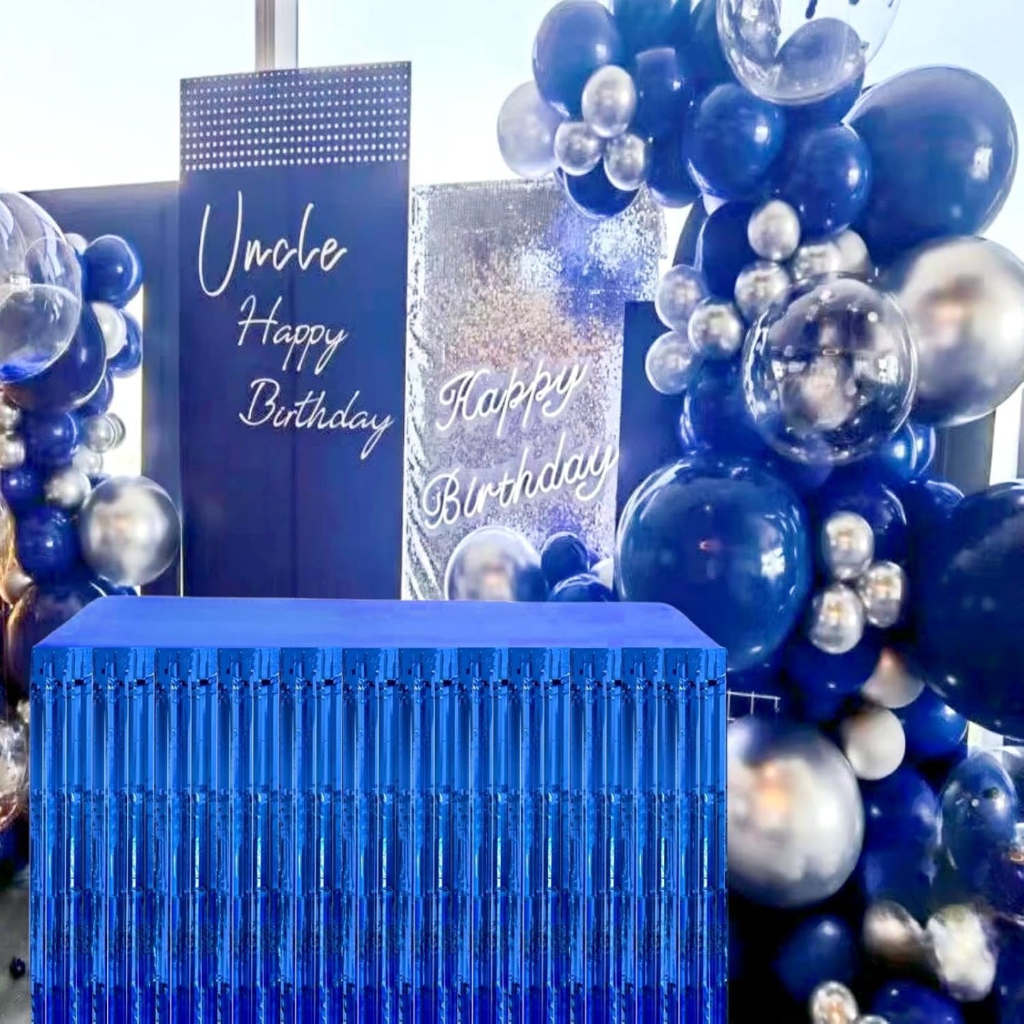 Blue Streamers Party Decorations, 2 Packs Blue Table Skirts Metallic Foil Fringe Tinsel for Birthday Under the Sea Boy Baby Shower Float Parade Mardi Gras Graduation Party Supplies -29x108Inch