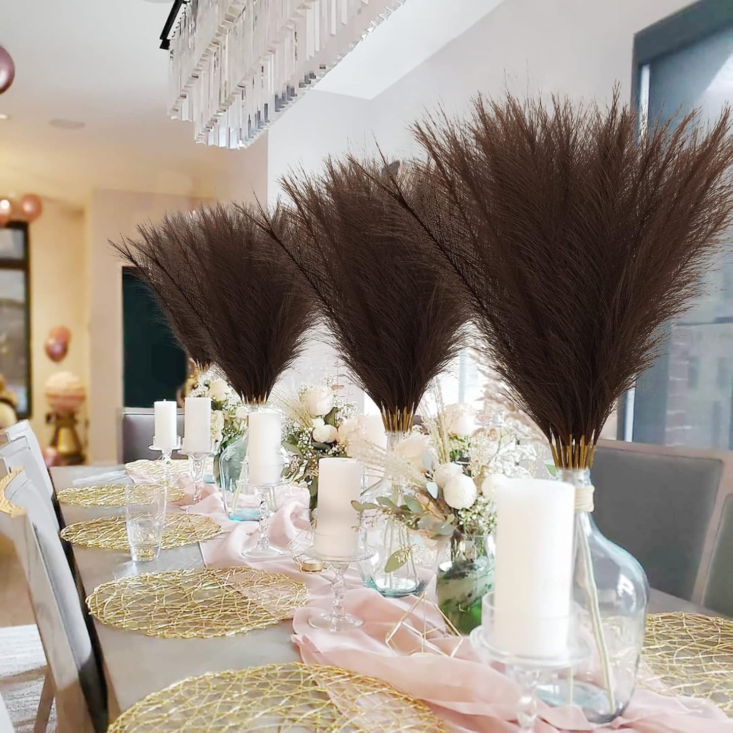 50pcs Faux Pampas Grass Decor, 21.6" Short Artificial Pompous Grass Floral Fake Pompas Grass Branches Vase Filler Flower Arrangement for Home Wedding Boho Decor, Brown