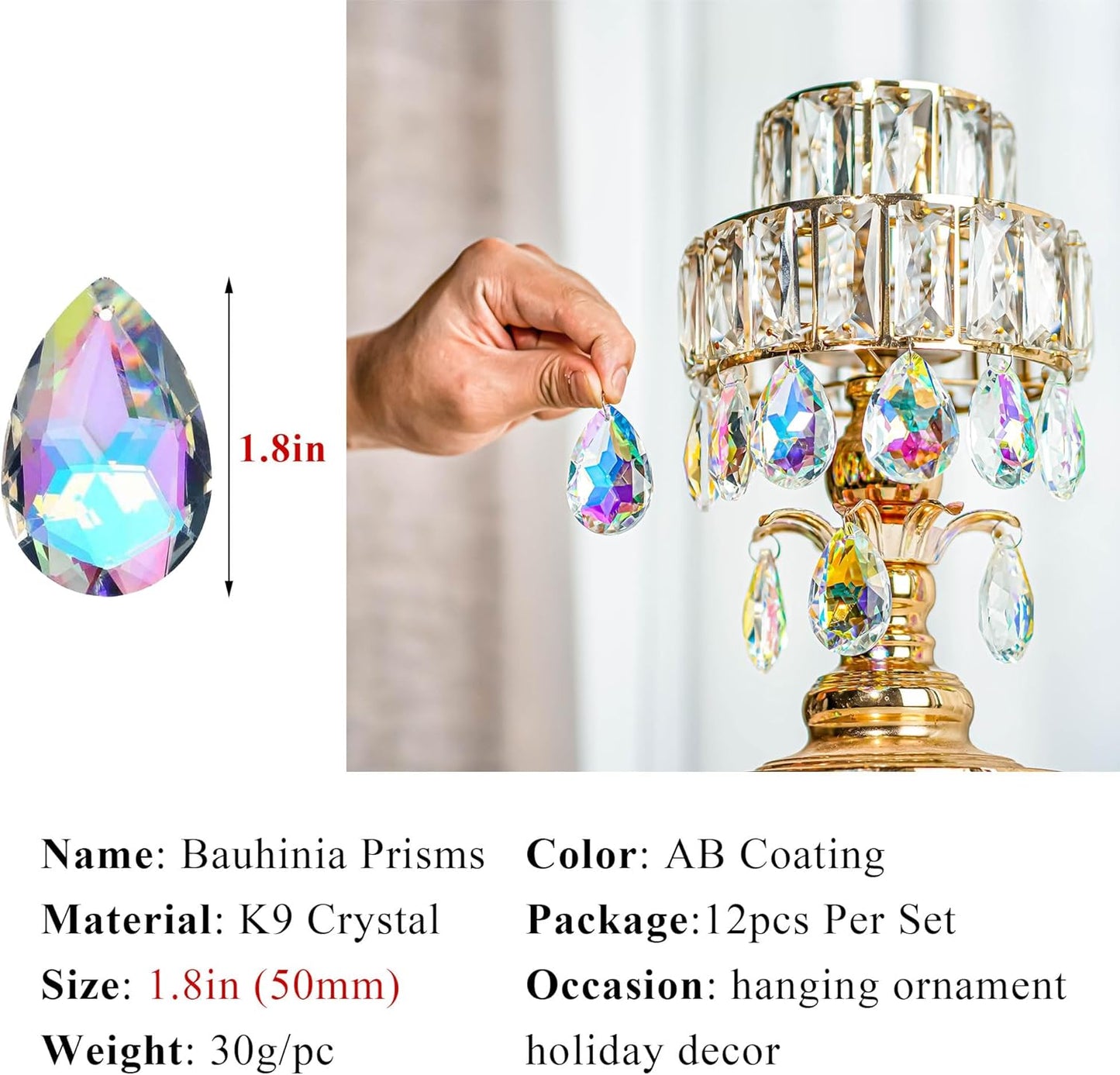 12 Pieces 50mm Crystal Prisms Chandelier Colorful Bauhinia Ornament Pendants Rainbow Maker Hanging Prisms for Wedding Party Tree Garlands Decoration DIY Jewelry