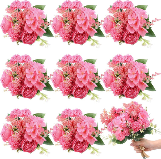 Zeyune 8 Pcs Wedding Silk Flowers Fake Silk Flowers Faux Bouquet Hydrangea Bouquets for Wedding Birthday Party Table Centerpieces Home Decoration(Rose Red,Peony)