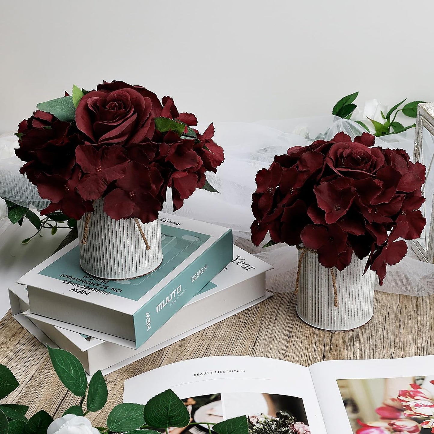 Flower Table Centerpieces - Set of 6 Floral Arrangement Artificial Wedding Hydrangeas Floral Arrangement with Rustic Metal Vase for Bridal Tea Party Event Decorations - Burgundy