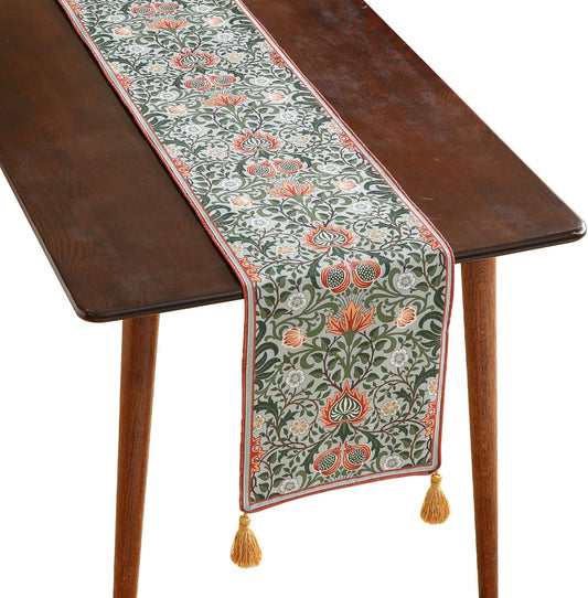 ISAENNE Designer French Green Elegant Linen Table Runner 102 Inches Long,Colorful Flower Pattern Soft Table Runners for Dining Tables,Thanksgiving,Kitchen Tables,Christmas,12"*102"-Naples B