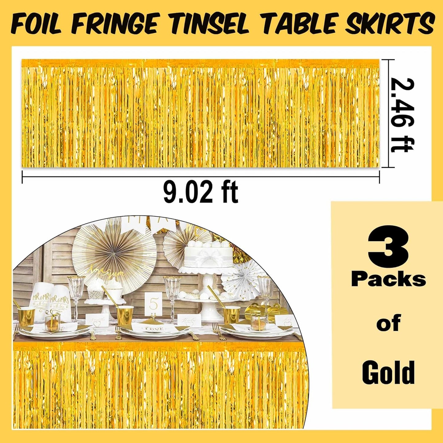 3 Pack 29 x108 Inch Gold Foil Fringe Table Skirts Metallic Banner for Tinsel Streamer Garland Backdrop for Parade Floats Mother's Day, Graduate, Birthday, Wedding Party Decoration