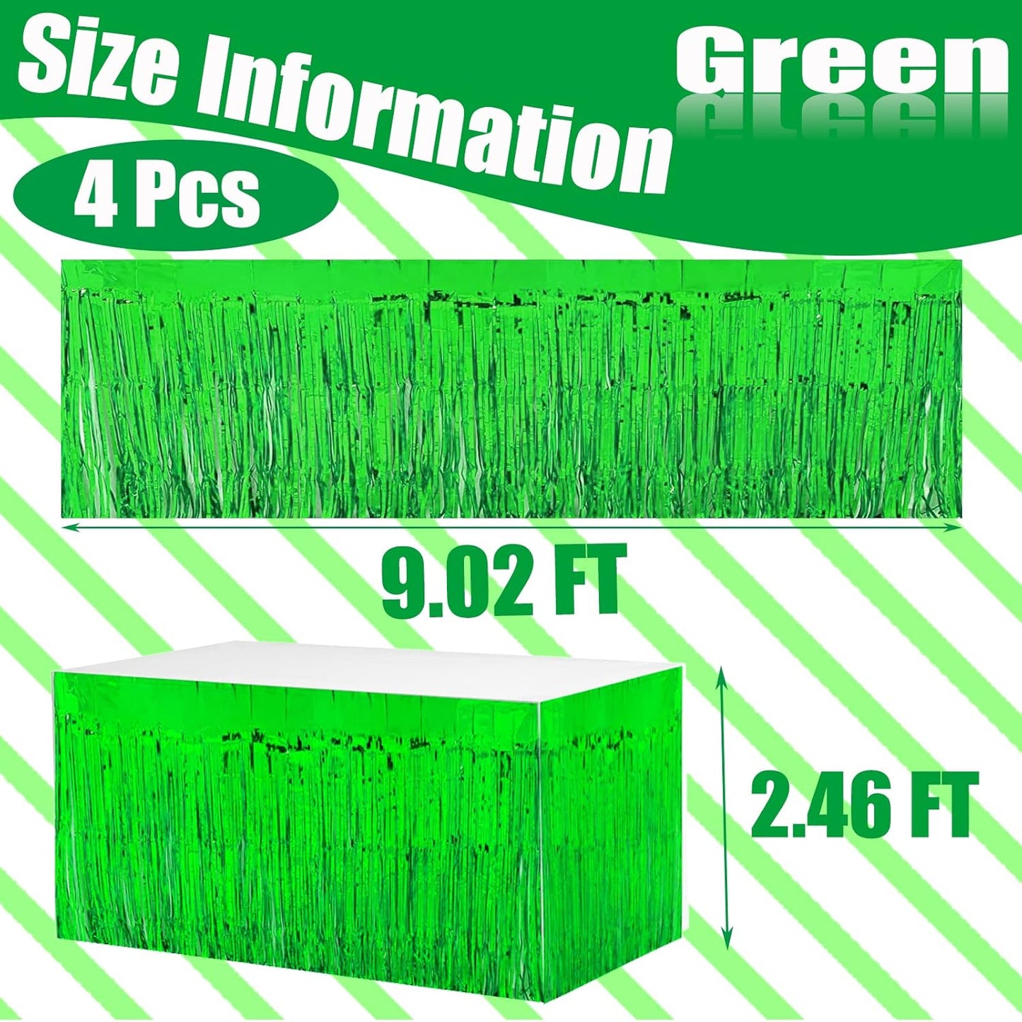 4 Pack 29x108 Inch Metallic Foil Fringe Tinsel Table Skirts for Rectangle Tables Streamer Curtains Backdrop for Wedding, Birthday, Parade Floats, Christmas, Halloween Party Decoration(Green)