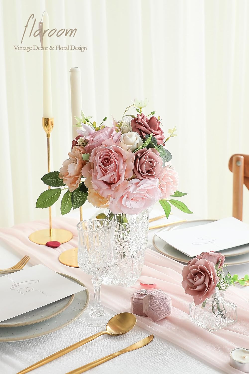 Floroom Dusty Rose Artificial Flowers Fake Roses Peonies and Greenery Combo Box Set for DIY Wedding Bouquets Bridal Shower Centerpieces Floral Arrangements Party Tables Home Decorations