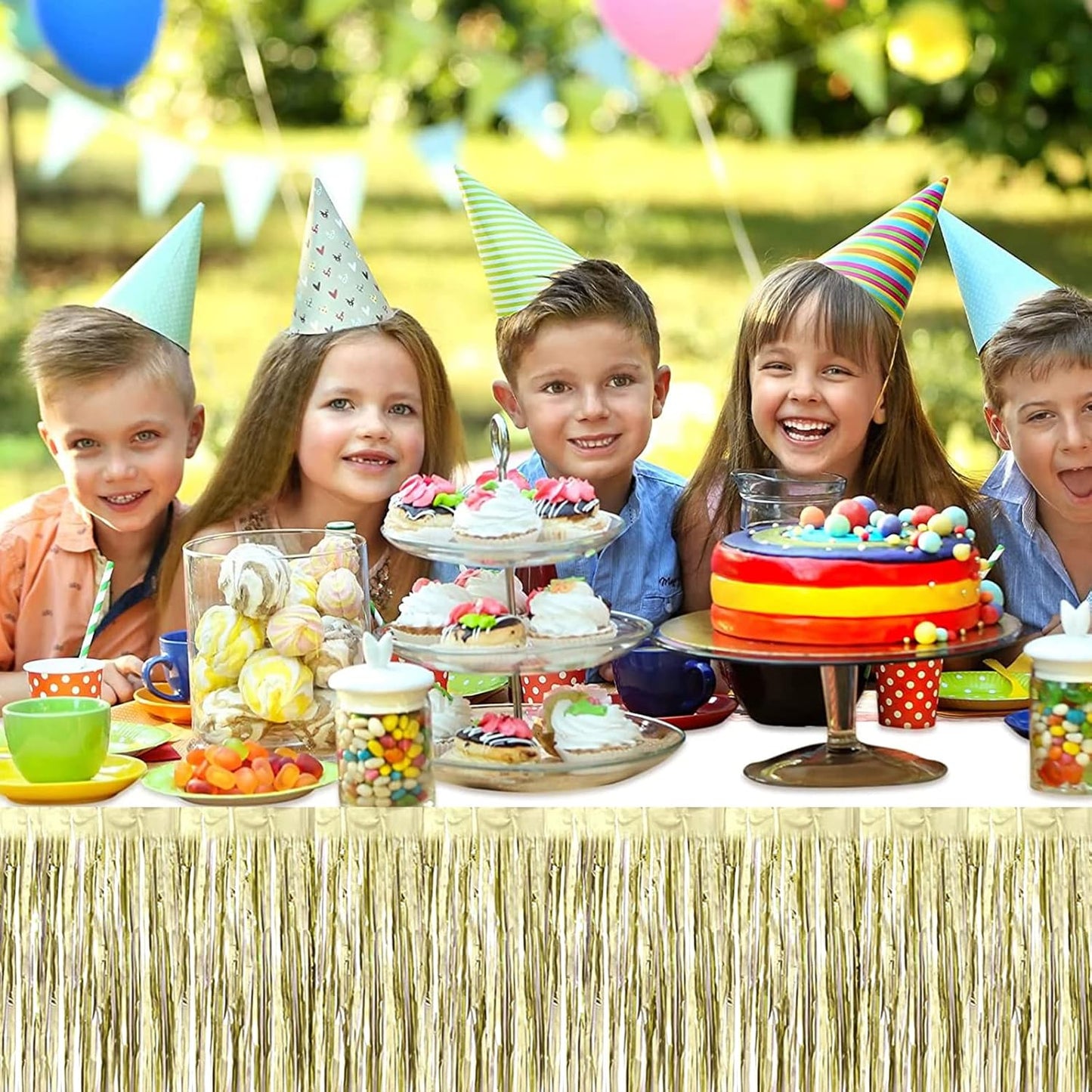 4 Pack 29x108 Inch Metallic Foil Fringe Tinsel Table Skirts for Rectangle Tables Streamer Backdrop for Wedding, Birthday, Parade Floats, Christmas, Halloween Party Decoration(Light Gold)