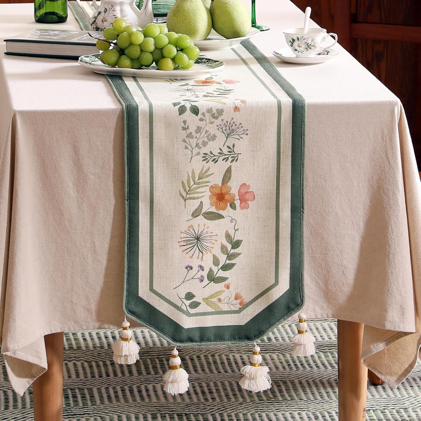 Designer Linen Small Table Runner,French Farmhouse Shabby Chic Floral Pattern 63 Inches Long Wrinkle Free Table Runners,Decor Tabletop for Kitchen,Dining,Party,Home,Christmas,12"*63"
