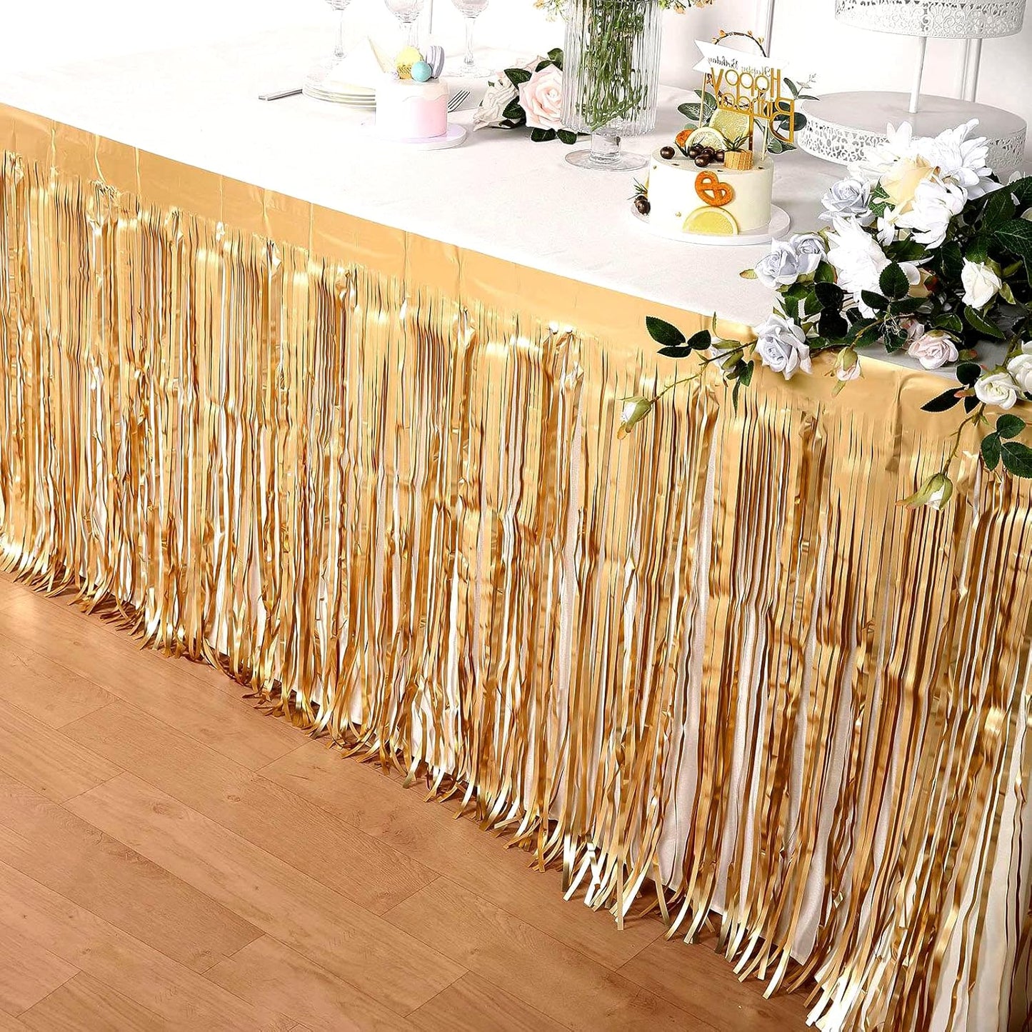 4 Pack 29x108 Inch Metallic Foil Fringe Tinsel Table Skirts for Rectangle Tables Streamer Curtains Backdrop for Christmas, Birthday, Parade Floats, Halloween Party Supplies(Champagne Gold)