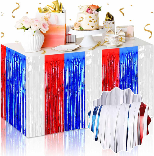 3 Pack 29 x108 Inch White Blue Red Foil Fringe Table Skirts Metallic Banner for Tinsel Streamer Garland Backdrop for Parade Floats Mother's Day, Graduate, Birthday, Wedding Party Decoration