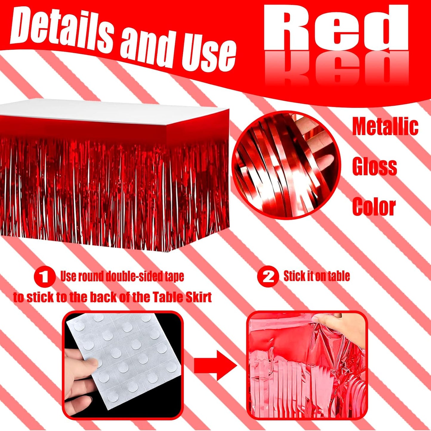 4 Pack 29x108 Inch Metallic Foil Fringe Tinsel Table Skirts for Rectangle Tables Streamer Backdrop for Wedding, Birthday, Parade Floats, Christmas, Halloween Party Decoration(Red)