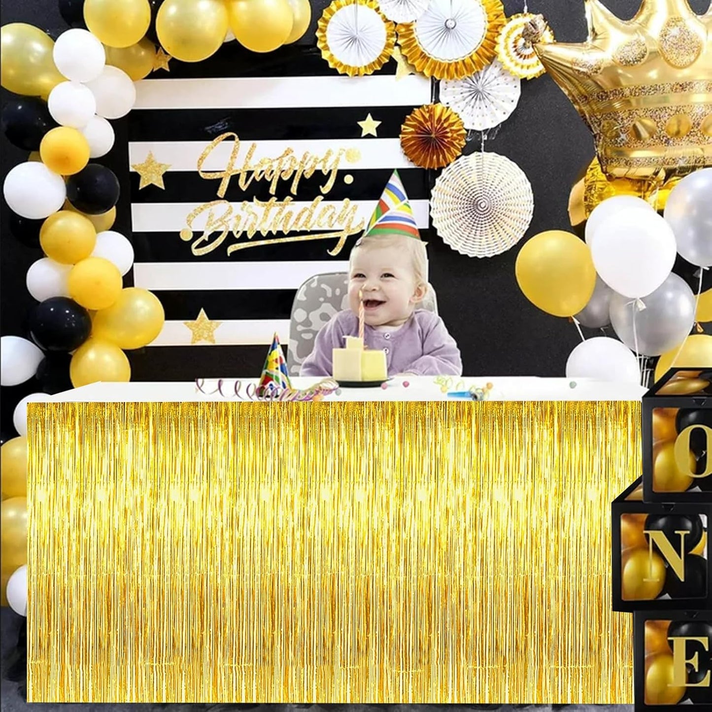 BEISHIDA 2 Pack Gold Metallic Tinsel Foil Fringe Table Skirts - Decors for Rectangle & Round Tables - Birthday & Holiday Party