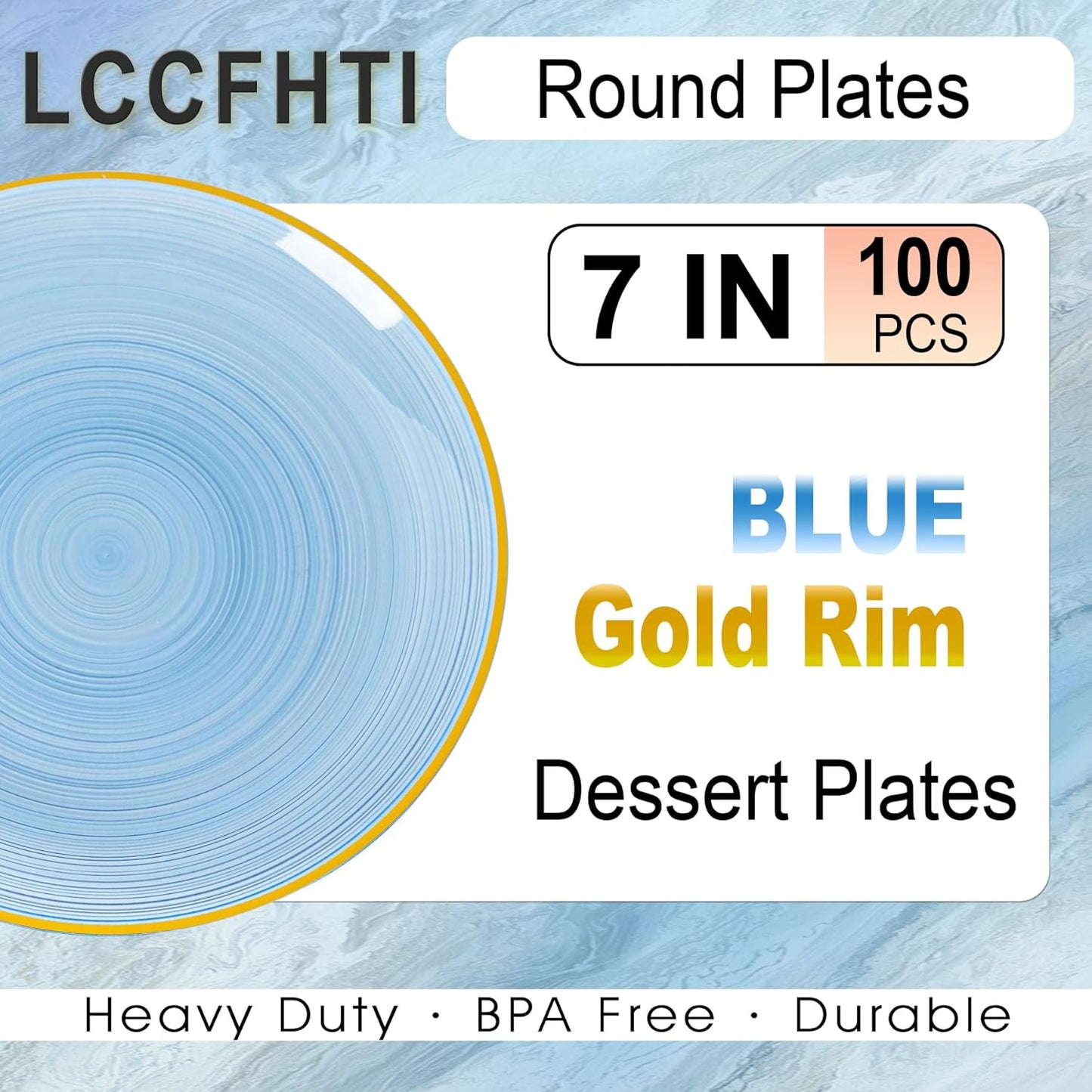 100PCS Transparent Blue Gold Plastic Plates, 7 Inch Heavy Duty Disposable Dessert Plate with Gold Rim, Round Appetizer/Salad Plates for Wedding, Party, Camping, Picnic