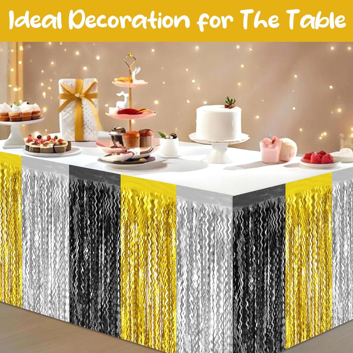 6 Pack 29 x108 Inch Black Gold Silver Wave Foil Fringe Table Skirts Metallic Banner for Tinsel Streamer Garland Backdrop for Parade Floats, Mother's Day, Easter, Wedding, Birthday Party Decoration
