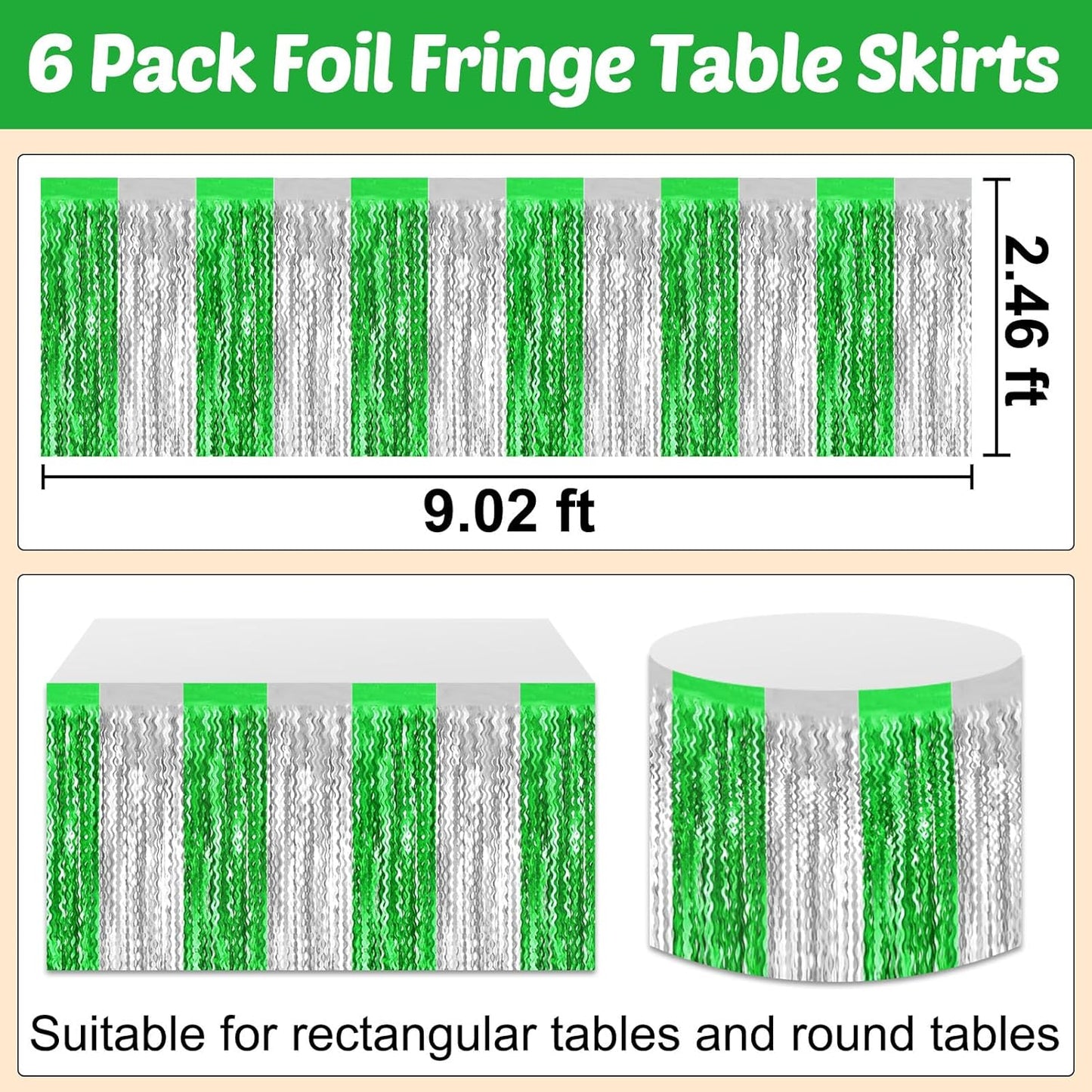 6 Pack 29x108 Inch Silver Green Wave Foil Fringe Table Skirts Metallic Banner for Tinsel Streamer Garland Backdrop for Parade Floats Wedding, Mother's Day, Birthday Mardi Gras Party Decorations