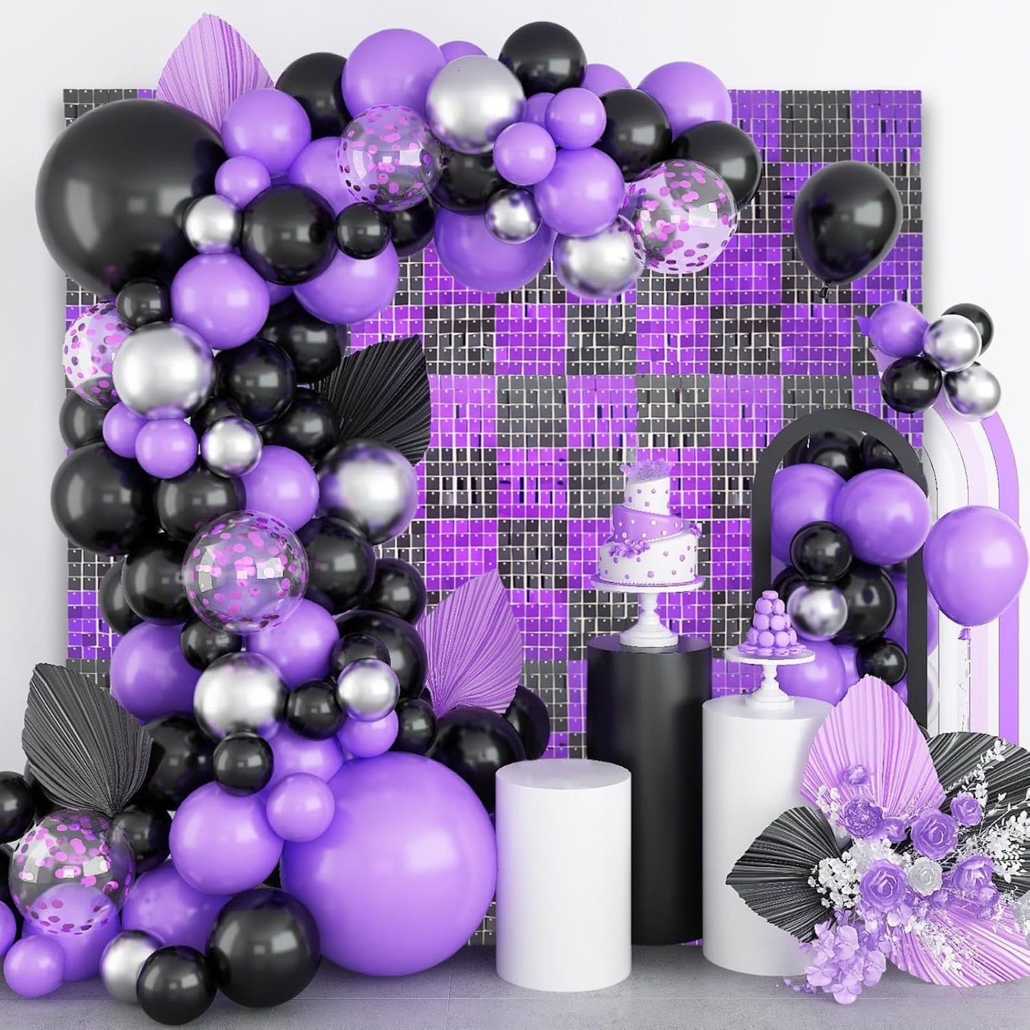 12PCS Black Purple Shimmer Wall Backdrop, Square Sequin Photo Backdrops Panel, Glitter Wall Background for Birthdays, Weddings, Christmas, Engagements, Halloween Party Decor (3FTx4FT)
